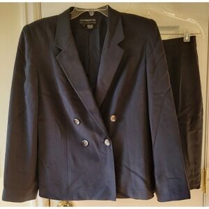 Liz Claiborne Skirt Suit Size 8 Blue Silk Double Breasted Business Classic